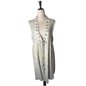 Ivy Jane Vest Women Large Ivory Black‎ Crochet Neckline Tie Front Boho Cottage
